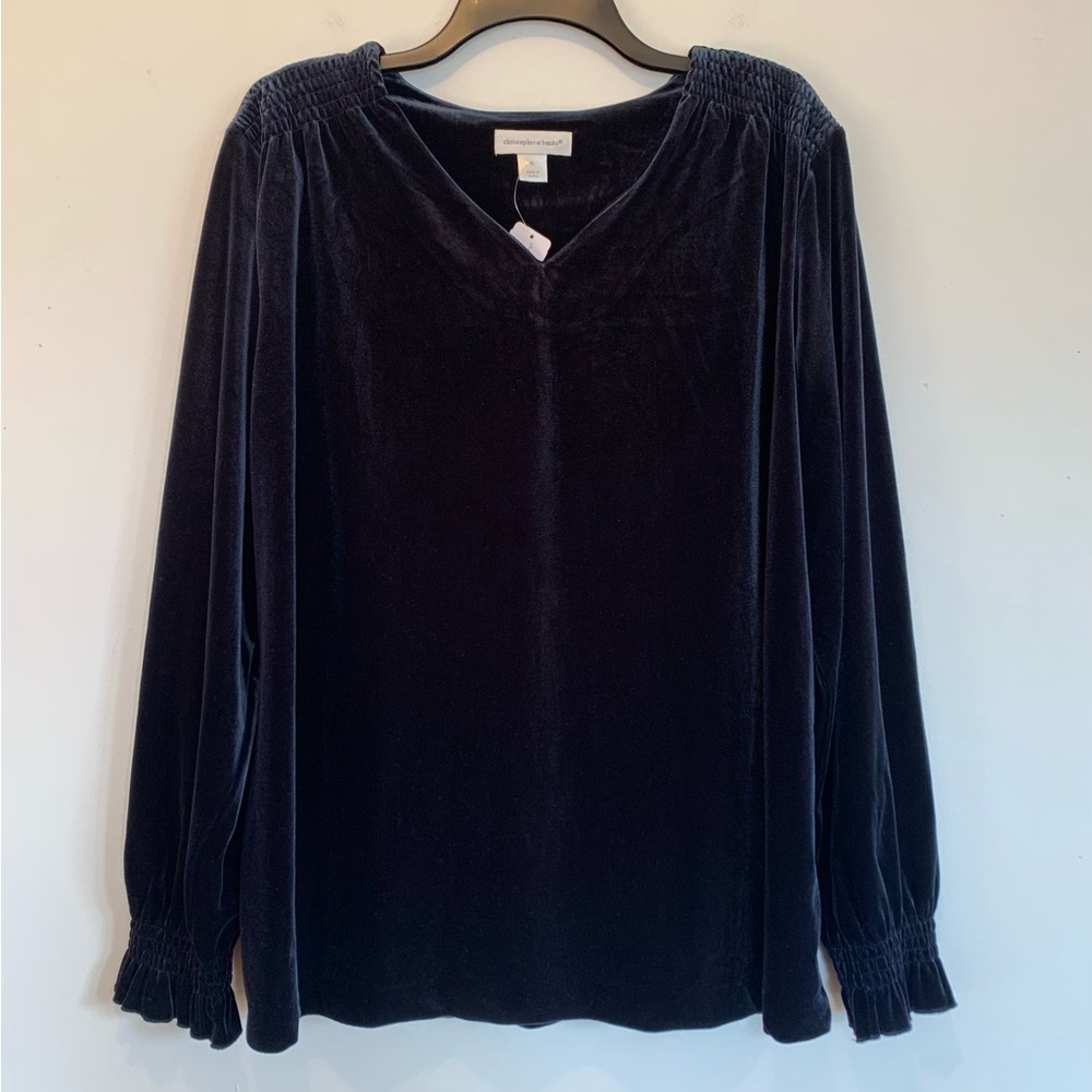 Christopher & Banks Midnight Blue Velvet Top XL Smocking